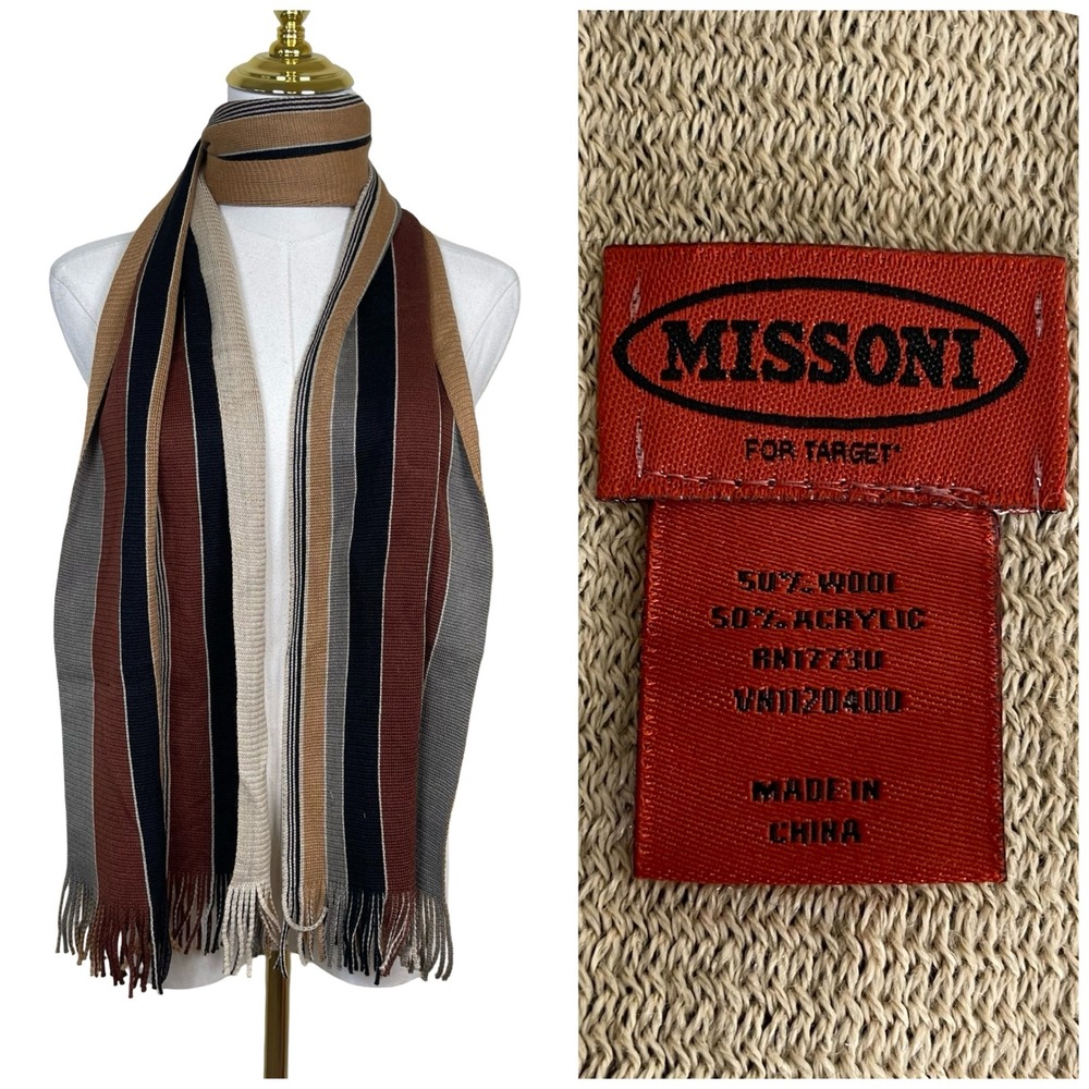 Missoni For Target Striped Knit Scarf Gender Neutral Brown Fringe Wool Blend Y2K